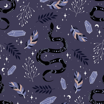 Vector magic seamless pattern with feathers, snakes, crystals, moon and stars. Mystical esoteric background for design of fabric, astrology, phone case.