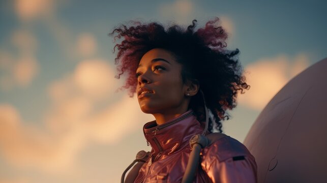 Close up portrait of black Female astronaut in a space suit walking on Mars or other red sandy planet. Sci-Fi Space Travel Concept.