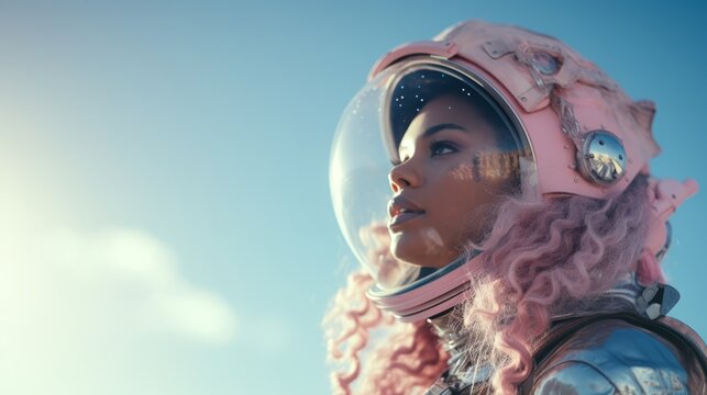 Close up portrait of black Female astronaut in a space suit walking on Mars or other red sandy planet. Sci-Fi Space Travel Concept.