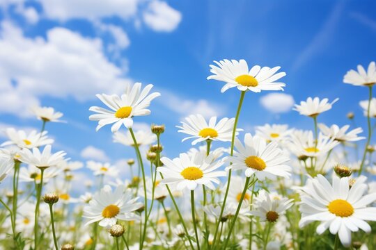 Daisies in a field with blue sky, closeup of white wild flowers. Generative AI
