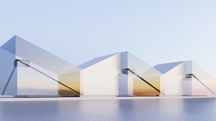 Abstract futuristic architecture with flat floor and blue sky, combined shape design between triangle and quadrangle
