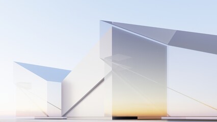 Abstract futuristic architecture with flat floor and blue sky, combined shape design between triangle and quadrangle
