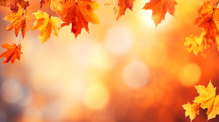Naklejka na ściany i meble Autumn background with leaves and bokeh. Copyspace