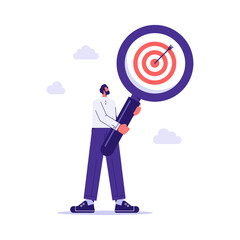 Finding or analyzing business goals and targets concept, businessman with magnifier focuses on the target, focusing