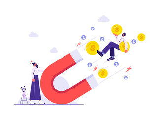 Customer attraction marketing strategy, social media audience, generating new digital leads advertising concept, businesswoman  attract money cash and new customer with big magnet