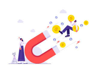 Customer attraction marketing strategy, social media audience, generating new digital leads advertising concept, businesswoman  attract money cash and new customer with big magnet