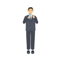 スマートフォンを操作する男性会社員。フラットなベクターイラスト。A male office worker operating a smartphone. Flat designed vector illustration.	