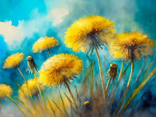 春の息吹：タンポポと青空を水彩で描く、マクロ感あるイラスト