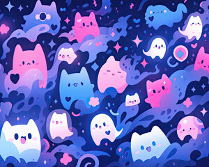 Halloween flat abstract design of a cat ghost, minimalism illustration, website, Ul design