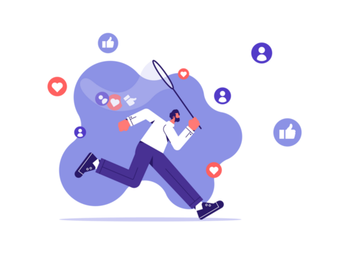 Catch likes concept. Man with net runs for positive reactions in social networks and instant messengers. Internet addiction, popular person