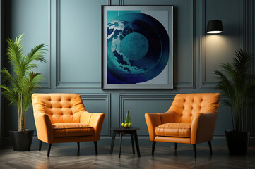 Modern interior of living room with orange armchairs, blue wall and poster