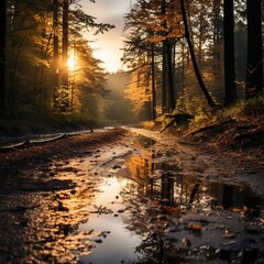 Beautiful autumn landscape in the forest. Sunset in the autumn forest  