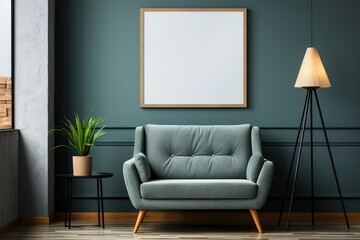 Interior of living room with green sofa and mock up poster