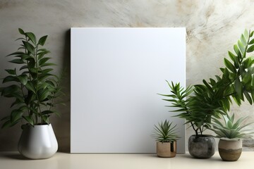 Fototapeta premium Blank white poster on the wall with plants