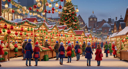 Naklejka premium Christmas Market Delight Colors Decorations and Crowds
