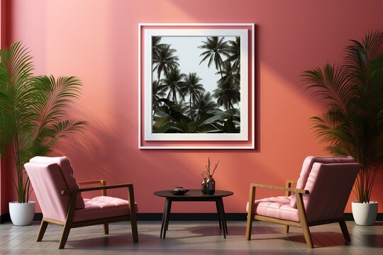 Interior of living room with pink armchairs, coffee table and palm trees poster