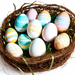 easter eggs in a nest on white background