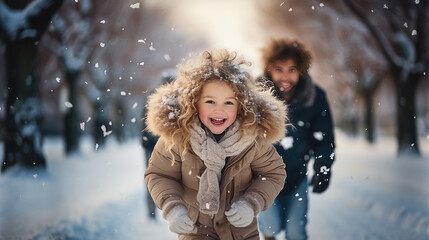 Family with child playing having fun together in winter park - obrazy, fototapety, plakaty