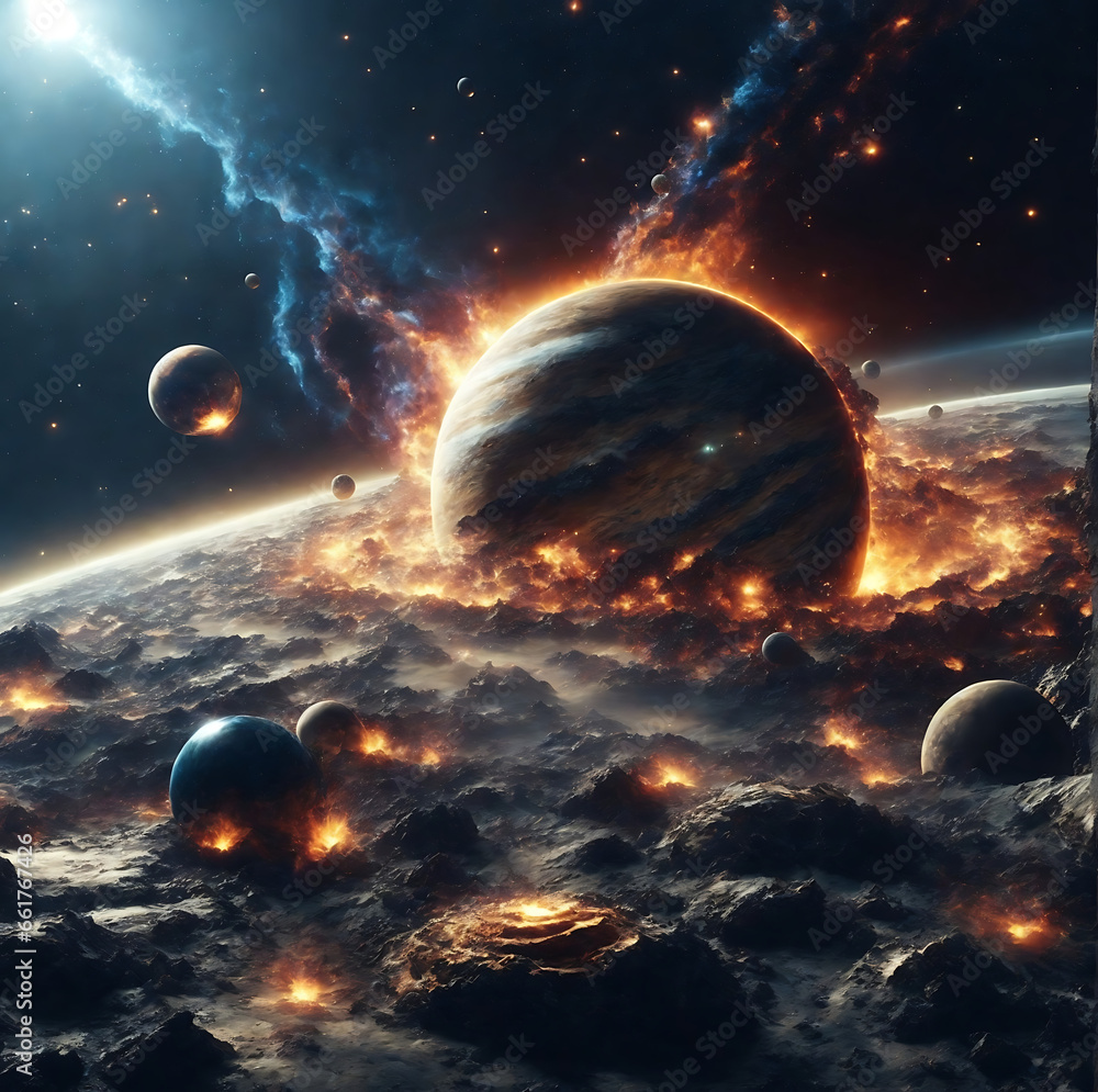 Wall mural planetary collisions and explosions in space. generative ai