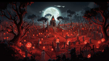 llustration of a cemetery in halloween in red tone colors. fear horror