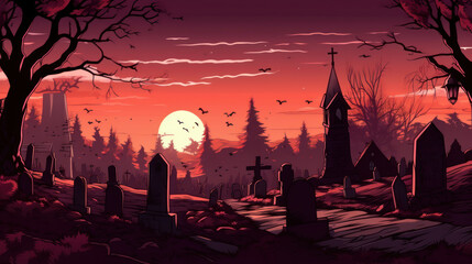 llustration of a cemetery in halloween in maroon tone colors. fear horror
