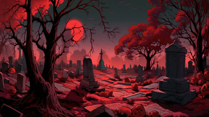 llustration of a cemetery in halloween in red tone colors. fear horror