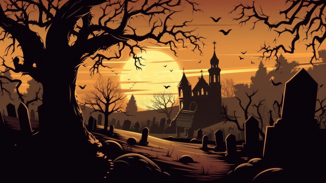 llustration of a cemetery in halloween in brown tone colors. fear horror