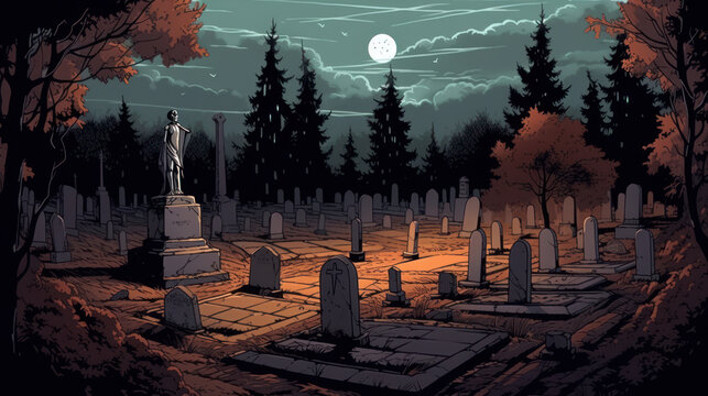 llustration of a cemetery in halloween in light gray tone colors. fear horror
