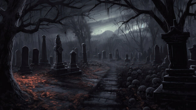 llustration of a cemetery in halloween in dark gray tone colors. fear horror