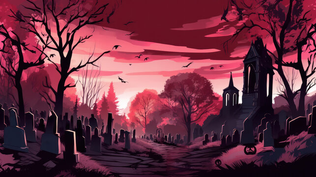 llustration of a cemetery in halloween in maroon tone colors. fear horror