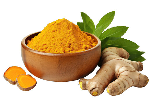 Dry turmeric powder in wooden bow with rhizome isolated on a transparent background