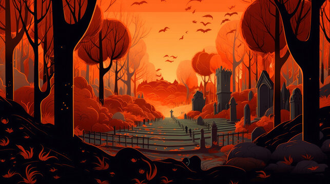 llustration of a cemetery in halloween in orange tone colors. fear horror
