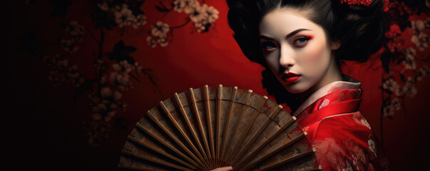 Beautiful geisha in kimono with hand fan - obrazy, fototapety, plakaty