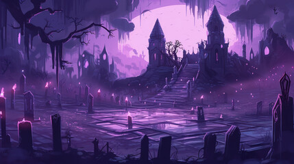 llustration of a cemetery in halloween in violet tone colors. fear horror