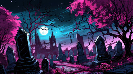 llustration of a cemetery in halloween in fuchsia tone colors. fear horror