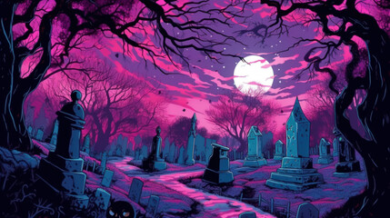 llustration of a cemetery in halloween in magenta tone colors. fear horror