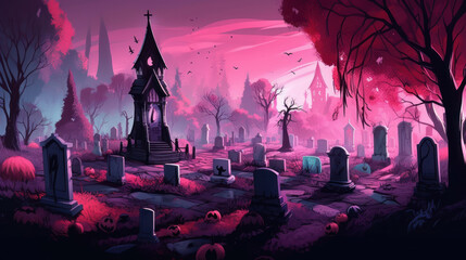 llustration of a cemetery in halloween in pink tone colors. fear horror - obrazy, fototapety, plakaty