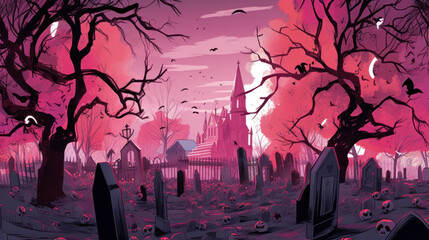 llustration of a cemetery in halloween in pink tone colors. fear horror