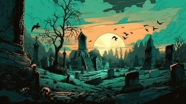 llustration of a cemetery in halloween in teal tone colors. fear horror