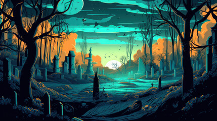 llustration of a cemetery in halloween in turquoise tone colors. fear horror
