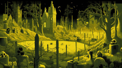 llustration of a cemetery in halloween in chartreuse tone colors. fear horror