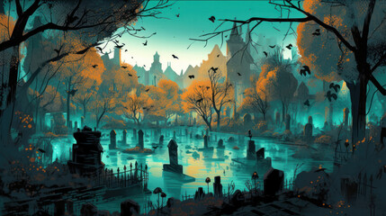 llustration of a cemetery in halloween in aqua tone colors. fear horror