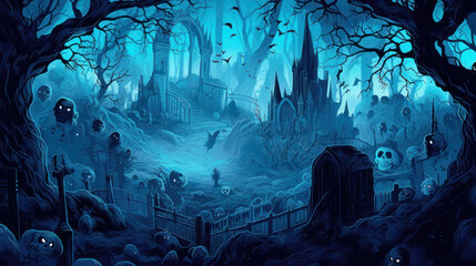 llustration of a cemetery in halloween in azure tone colors. fear horror