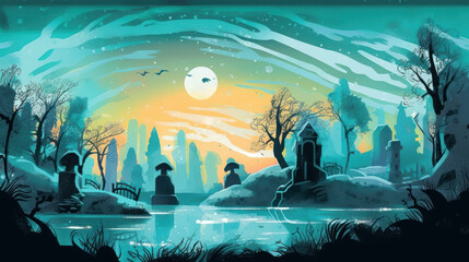 Obraz premium llustration of a cemetery in halloween in aqua tone colors. fear horror