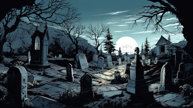 llustration of a cemetery in halloween in dark white tone colors. fear horror