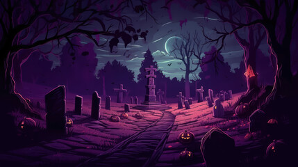 llustration of a cemetery in halloween in dark purple tone colors. fear horror