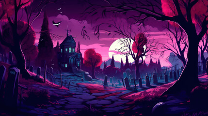 llustration of a cemetery in halloween in dark purple tone colors. fear horror