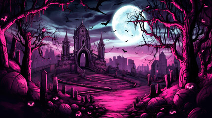 llustration of a cemetery in halloween in dark magenta tone colors. fear horror