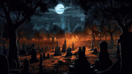 llustration of a cemetery in halloween in light black tone colors. fear horror