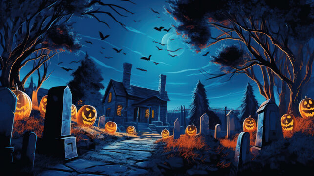 llustration of a cemetery in halloween in dark blue tone colors. fear horror